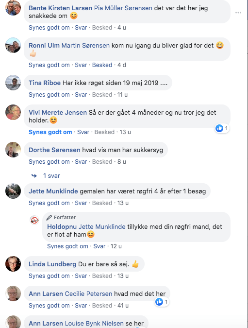 Skærmbillede af facebook kommentare til rygestop