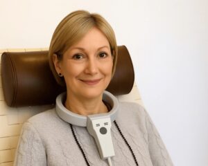 Kvinde i rygestopbehandling med biofeedback-apparat i klinikmiljø