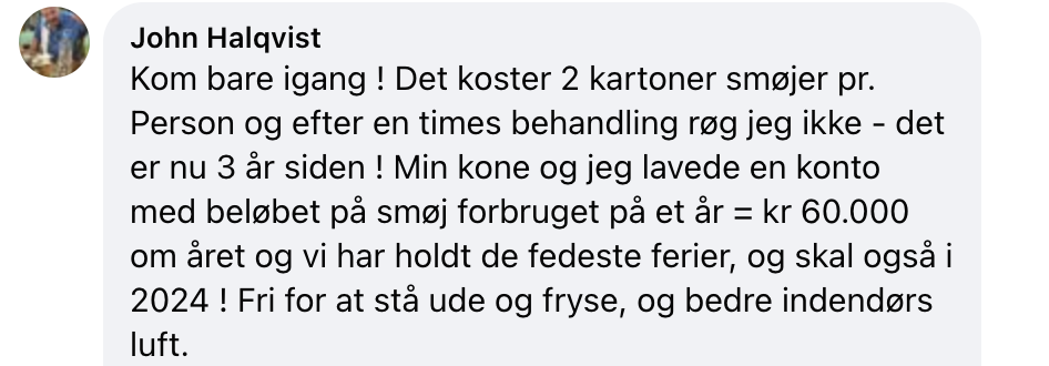 Facebook anmeldelse – rygestop – sparer 60.000 kr om året efter stop
